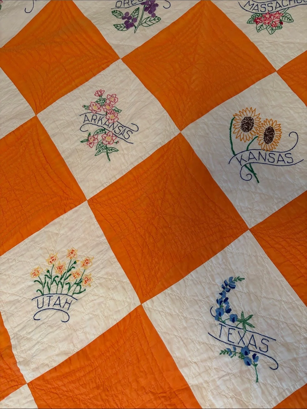 Vintage Patchwork Quilt with Every State Hand Embroidered on a square.